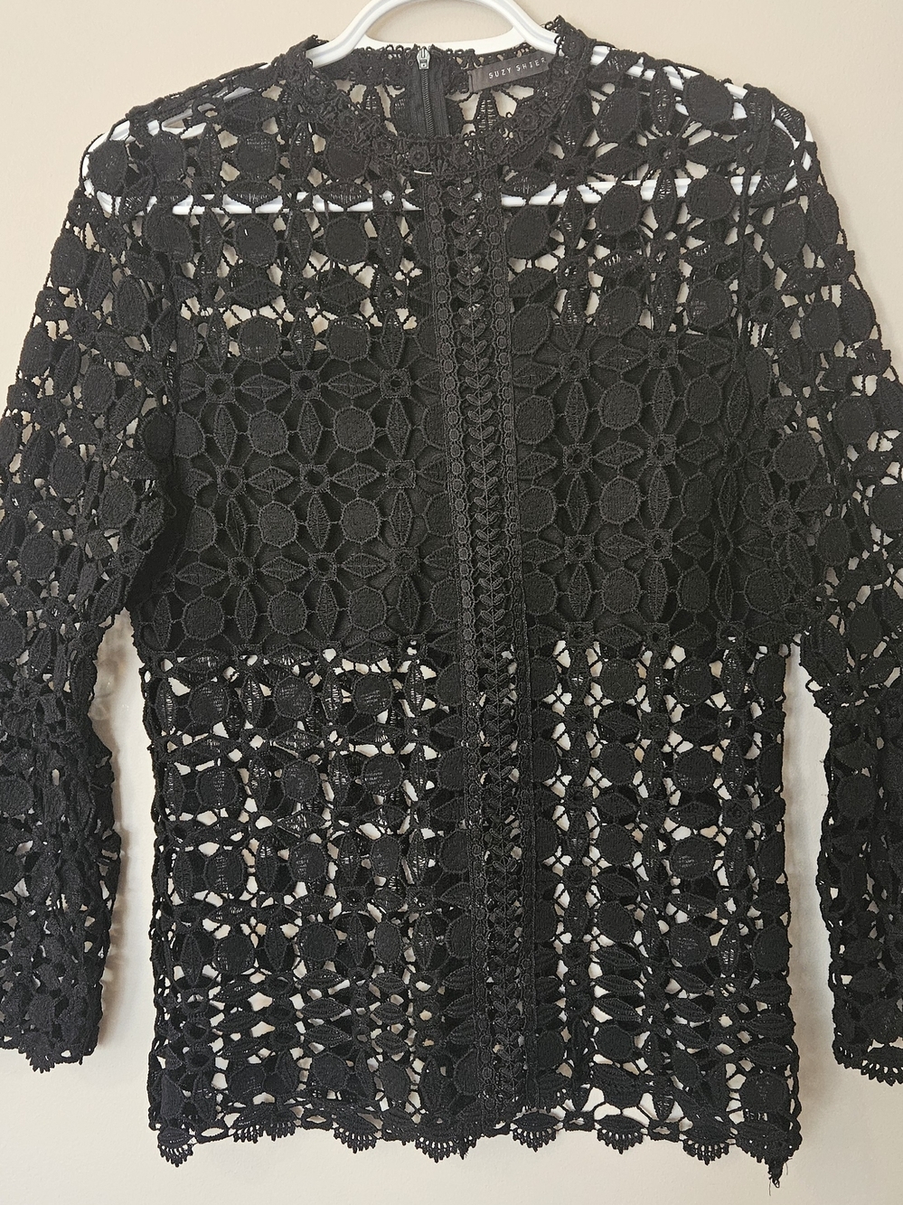 Black Crocheted Floral Lace Top With Bell Sleeves-Suzy Shier